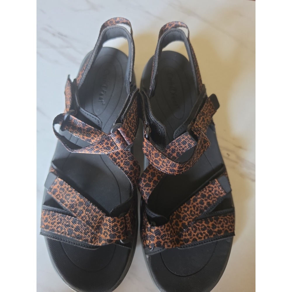 Orthofeet Women's Black/Brown Animal Print Leather Strappy Sandals US 11 Medium